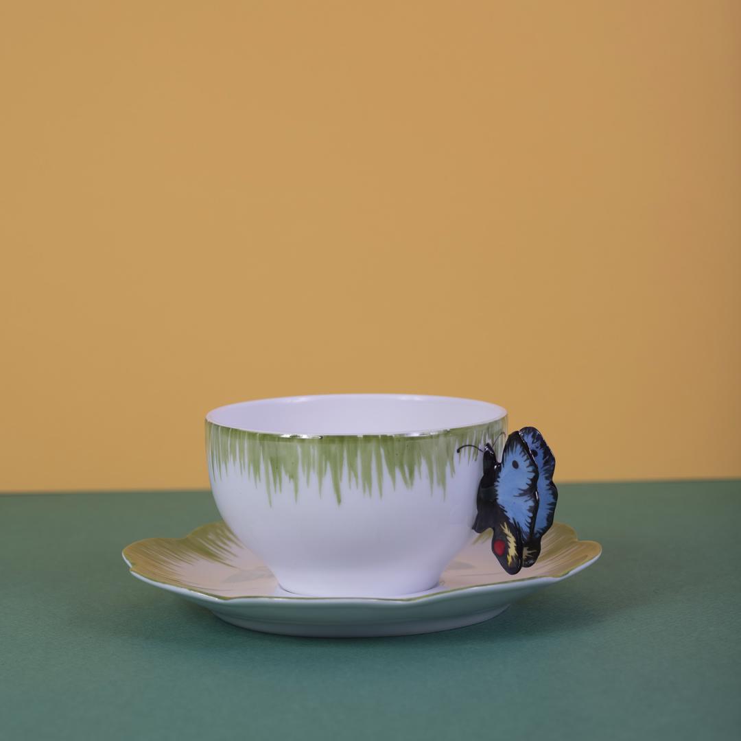 Tasse à thé et sous-tasse collection Valse des papillons bleus