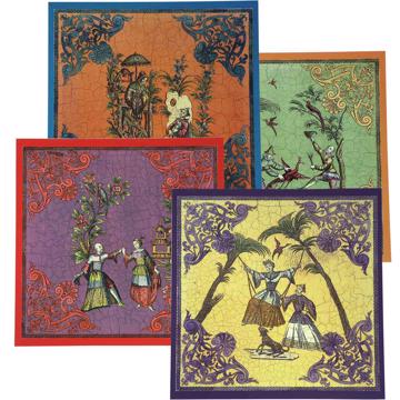 Chinoiseries, chromo on wood placemats, multicolor, set of 4