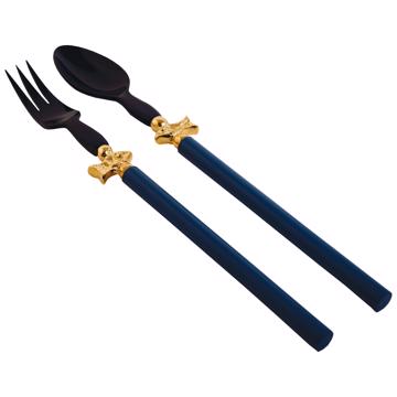 Service à Salade motif Poisson en bois et corne, bleu france, virole or [3]