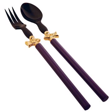 Salad Set Fish design in wood and horn, purple, gold ring [3]