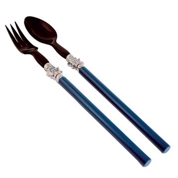 Service à Salade motif Soleil en bois et corne, bleu france, virole arg [3]