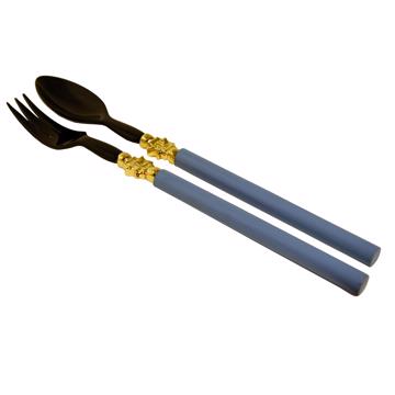Service à Salade motif Soleil en bois et corne, violet bleu , virole or