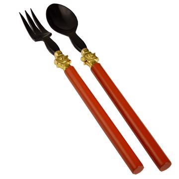 Service à Salade motif Soleil en bois et corne, rouge, virole or