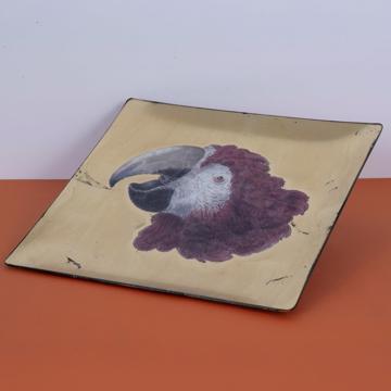 Parrot Head Dish in Decoupage Under Glass, gold, macaw