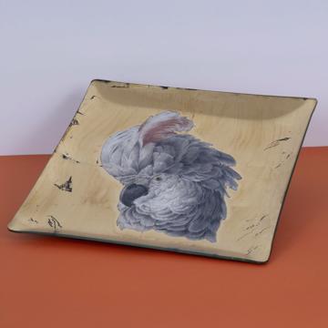 Parrot Head Dish in Decoupage Under Glass, gold, cockatoo