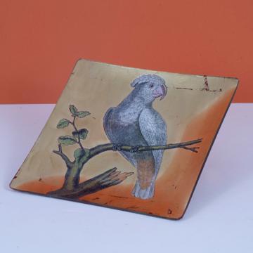 Petite assiette Oiseau sur Branche en découpage sous verre, or, oiseau 1
