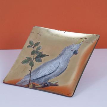 Petite assiette Oiseau sur Branche en découpage sous verre, or, oiseau 2