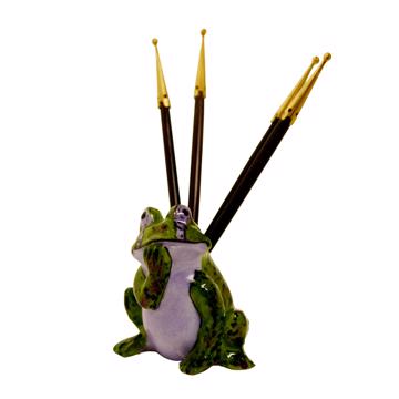 Porte pique grenouille en porcelaine, vert prairie, ebène et or [3]