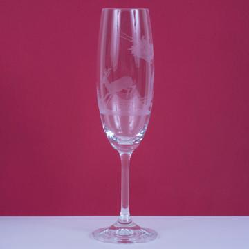 Hunting champagne glass in engraved cristal, transparent, roe deer