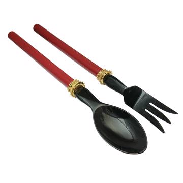 Pearl Salad Set in wood and horn, red , gold ring [3]